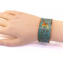 Load image into Gallery viewer, Solid Copper Patina Concave Cuff Bracelet with Hummingbird &amp; Floral Motif &amp; Dark Verdigris Patina
