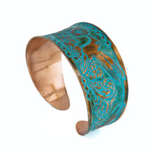 Load image into Gallery viewer, Solid Copper Patina Concave Cuff Bracelet with Hummingbird &amp; Floral Motif &amp; Dark Verdigris Patina
