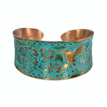 Load image into Gallery viewer, Solid Copper Patina Concave Cuff Bracelet with Hummingbird &amp; Floral Motif &amp; Dark Verdigris Patina
