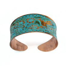 Load image into Gallery viewer, Solid Copper Patina Concave Cuff Bracelet with Hummingbird &amp; Floral Motif &amp; Dark Verdigris Patina
