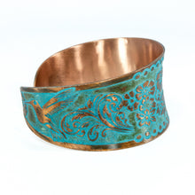 Load image into Gallery viewer, Solid Copper Patina Concave Cuff Bracelet with Hummingbird &amp; Floral Motif &amp; Dark Verdigris Patina
