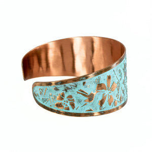 Solid Copper Patina Cuff Bracelet with Hummingbird & Floral Motif & Light Verdigris Patina