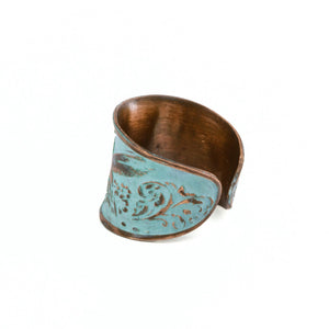 Solid Copper Patina Concave Cuff Ring with Hummingbird & Floral Motif & Light Verdigris Patina