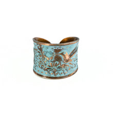 Load image into Gallery viewer, Solid Copper Patina Concave Cuff Ring with Hummingbird &amp; Floral Motif &amp; Light Verdigris Patina
