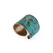 Load image into Gallery viewer, Solid Copper Patina Cuff Ring with Hummingbird &amp; Floral Motif &amp; Dark Verdigris Patina
