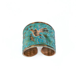 Solid Copper Patina Cuff Ring with Hummingbird & Floral Motif & Dark Verdigris Patina