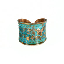 Load image into Gallery viewer, Solid Copper Patina Concave Cuff Ring with Hummingbird &amp; Floral Motif &amp; Dark Verdigris Patina
