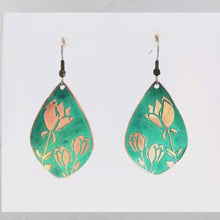 Load and play video in Gallery viewer, Verdigris Tulip Earrings - Handmade Copper Teardrop Earrings With Rustic Patina Finish
