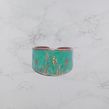 Load and play video in Gallery viewer, Verdigris Tulip Ring - Rustic Copper Band With Etched Tulip Motif
