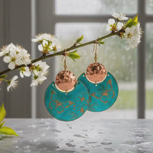 Load and play video in Gallery viewer, Flora &amp; Fauna Copper Earrings, Butterfly Split Circle Verdigris Patina Dangle Style
