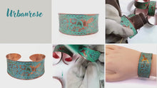 Load and play video in Gallery viewer, Solid Copper Patina Concave Cuff Bracelet with Hummingbird &amp; Floral Motif &amp; Dark Verdigris Patina
