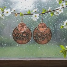 Load and play video in Gallery viewer, Flora &amp; Fauna Copper Earrings, Dragonfly Split Circle Antique Copper Dangle Style
