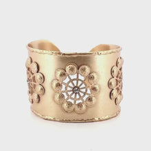 Load and play video in Gallery viewer, Polished Brass Luxury Statement Cutout Cuff Bracelet With Rhinestones
