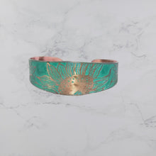 Load and play video in Gallery viewer, Verdigris Copper Cuff - Etched Sunflower Bracelet With Rustic Patina Finish

