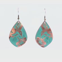 Load and play video in Gallery viewer, Verdigris Hummingbird Earrings - Handmade Copper Teardrop Earrings With Rustic Patina Finish
