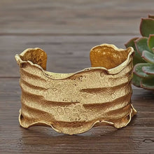 Load and play video in Gallery viewer, 24K Overlay Copper Base Cuff Bracelet: Torn Edge Crinkled Design, Gold Foil Statement Cuff
