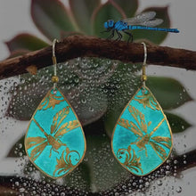 Load and play video in Gallery viewer, Flora &amp; Fauna Copper Earrings, Dragonfly Teardrop Verdigris Dangle Style
