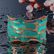 Load and play video in Gallery viewer, Copper Cuff Bracelet: Verdigris Patina - Torn Edge, Adjustable Fit
