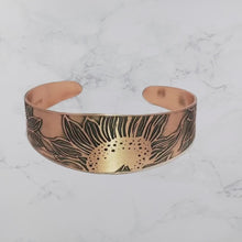 Load and play video in Gallery viewer, Copper Cuff Bracelet - Handmade Etched Sunflower Cuff With Antique Copper Finish
