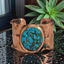 Load and play video in Gallery viewer, Solid Copper Cuff Bracelet: Rustic Antique Copper Finish, Copper Turquoise Stone

