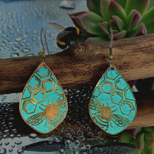 Load and play video in Gallery viewer, Etched Bumblebee Copper Earrings: Rustic Verdigris Patina Teardrops (Flora &amp; Fauna Collection)
