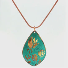 Load and play video in Gallery viewer, Etched Copper Tulip Pendant: Verdigris Patina, Floral Necklace
