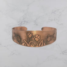 Load and play video in Gallery viewer, Copper Cuff Bracelet - Handmade Etched Tulip Cuff With Antique Copper Finish
