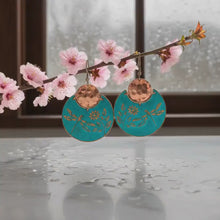 Load and play video in Gallery viewer, Flora &amp; Fauna Copper Earrings, Dragonfly Split Circle Verdigris Patina Dangle Style
