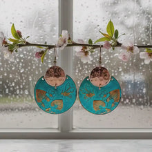 Load and play video in Gallery viewer, Flora &amp; Fauna Copper Earrings, Bumblebee Split Circle Verdigris Patina Dangle Style
