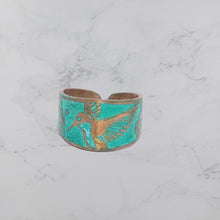 Load and play video in Gallery viewer, Verdigris Hummingbird Ring - Rustic Copper Band With Etched Hummingbird Motif
