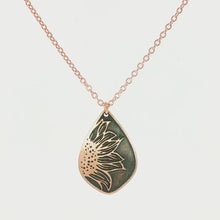 Load and play video in Gallery viewer, Etched Copper Sunflower Pendant: Antique Patina, Copper Snake or Cable chain
