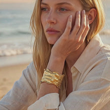 Load and play video in Gallery viewer, 24K Overlay Copper Base Cuff Bracelet: Torn Edge Crinkled Design, Gold Foil Statement Cuff
