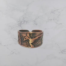 Load and play video in Gallery viewer, Etched Copper Ring - Rustic Copper Band with Hummingbird Motif, Antique Finish
