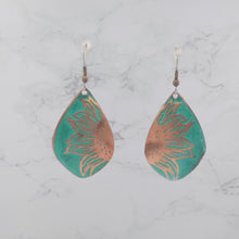 Load and play video in Gallery viewer, Verdigris Sunflower Earrings - Handmade Copper Teardrop Earrings With Rustic Patina Finish
