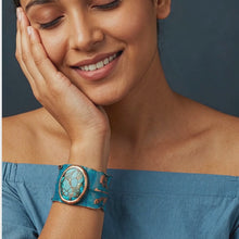 Load and play video in Gallery viewer, Verdigris Copper Cuff Bracelet Handmade Statement, Large Copper-Turquoise Stone
