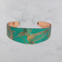 Load and play video in Gallery viewer, Verdigris Copper Cuff - Etched Hummingbird Bracelet With Rustic Patina Finish
