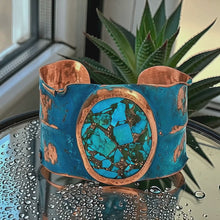 Load and play video in Gallery viewer, Verdigris Copper Cuff Bracelet Handmade Statement, Large Copper-Turquoise Stone
