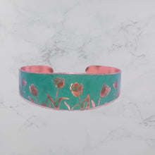 Load and play video in Gallery viewer, Verdigris Copper Cuff - Etched Tulip Bracelet With Rustic Patina Finish
