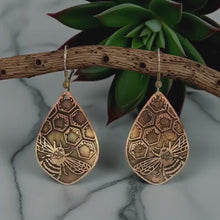 Load and play video in Gallery viewer, Etched Bumblebee Earrings: Rustic Antique Copper Earrings (Flora &amp; Fauna Collection)
