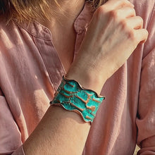 Load and play video in Gallery viewer, Copper Cuff Bracelet: Verdigris Patina - Torn Edge, Adjustable Fit
