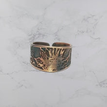 Load and play video in Gallery viewer, Etched Sunflower Ring - Rustic Copper Band with Sunflower Motif, Antique Finish
