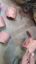 Load and play video in Gallery viewer, Solid Copper Statement Cuff Bracelet With Dimpled Texture &amp; asymmetrical edging
