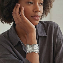 Load and play video in Gallery viewer, Sterling Silver Overlay Copper Cuff Bracelet: Torn Edge Crinkled Statement Bangle
