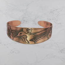 Load and play video in Gallery viewer, Copper Cuff Bracelet - Handmade Etched Hummingbird Cuff With Antique Copper Finish
