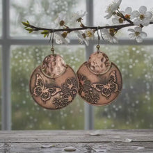 Load and play video in Gallery viewer, Flora &amp; Fauna Copper Earrings, Butterfly Split Circle Antique Copper Dangle Style
