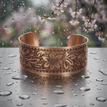 Load and play video in Gallery viewer, Solid Copper Cuff Bracelet, Daisy Embossed
