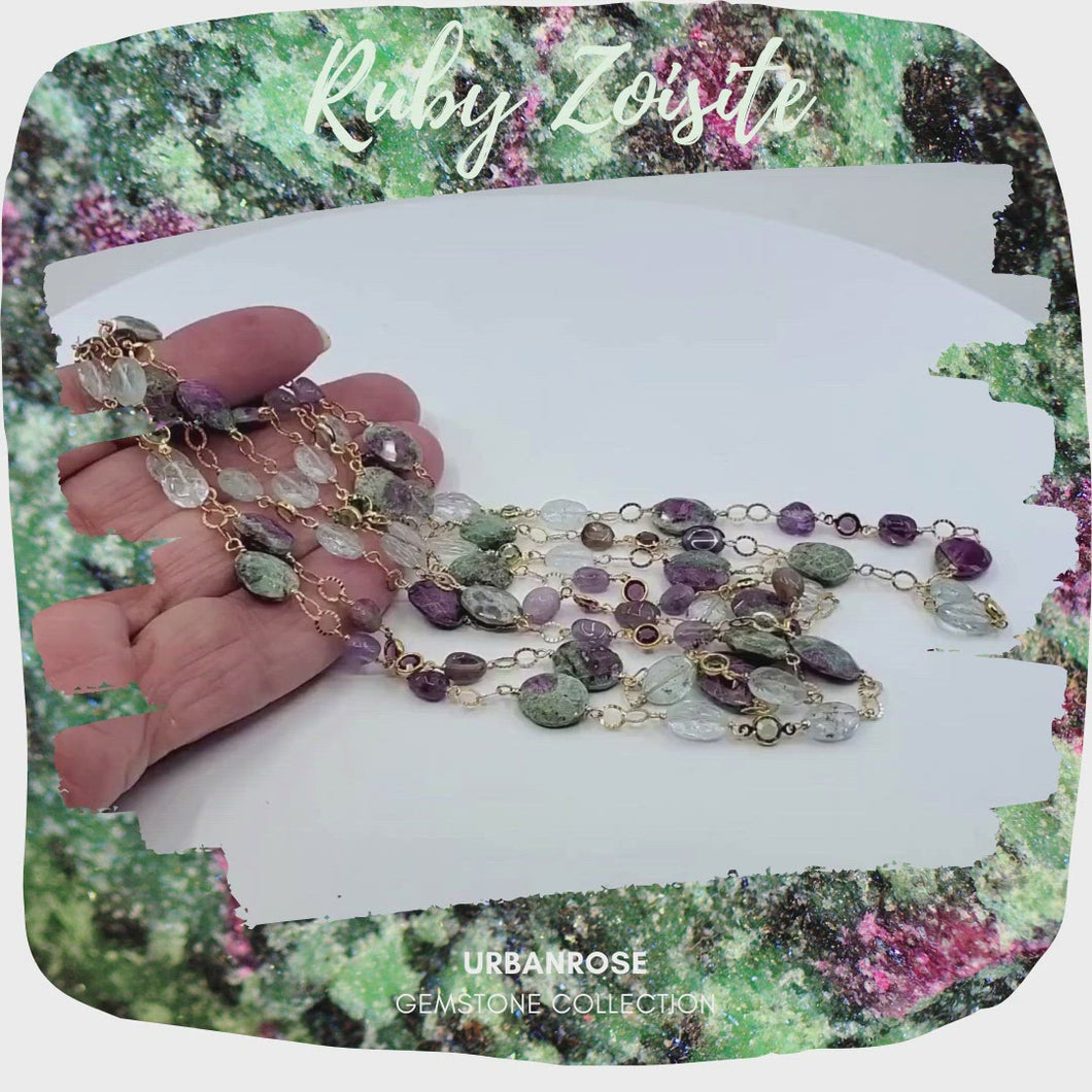 Long Gemstone Wraparound Necklace - Ruby in Zoisite & Aquamarine