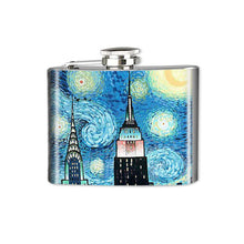 Load image into Gallery viewer, Altered Art Flask - NYC Starry Night - 4 oz - UrbanroseNYC
