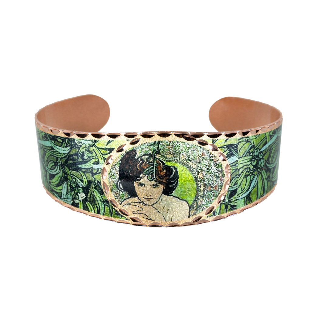 Copper Art Cuff - Alphonse Mucha Emerald