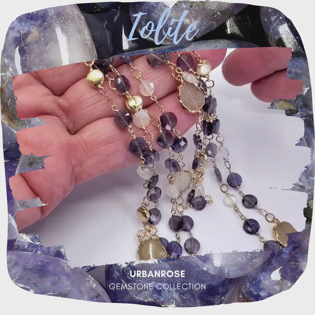 Long Gemstone Wraparound Necklace - Iolite Druzy & Crystal